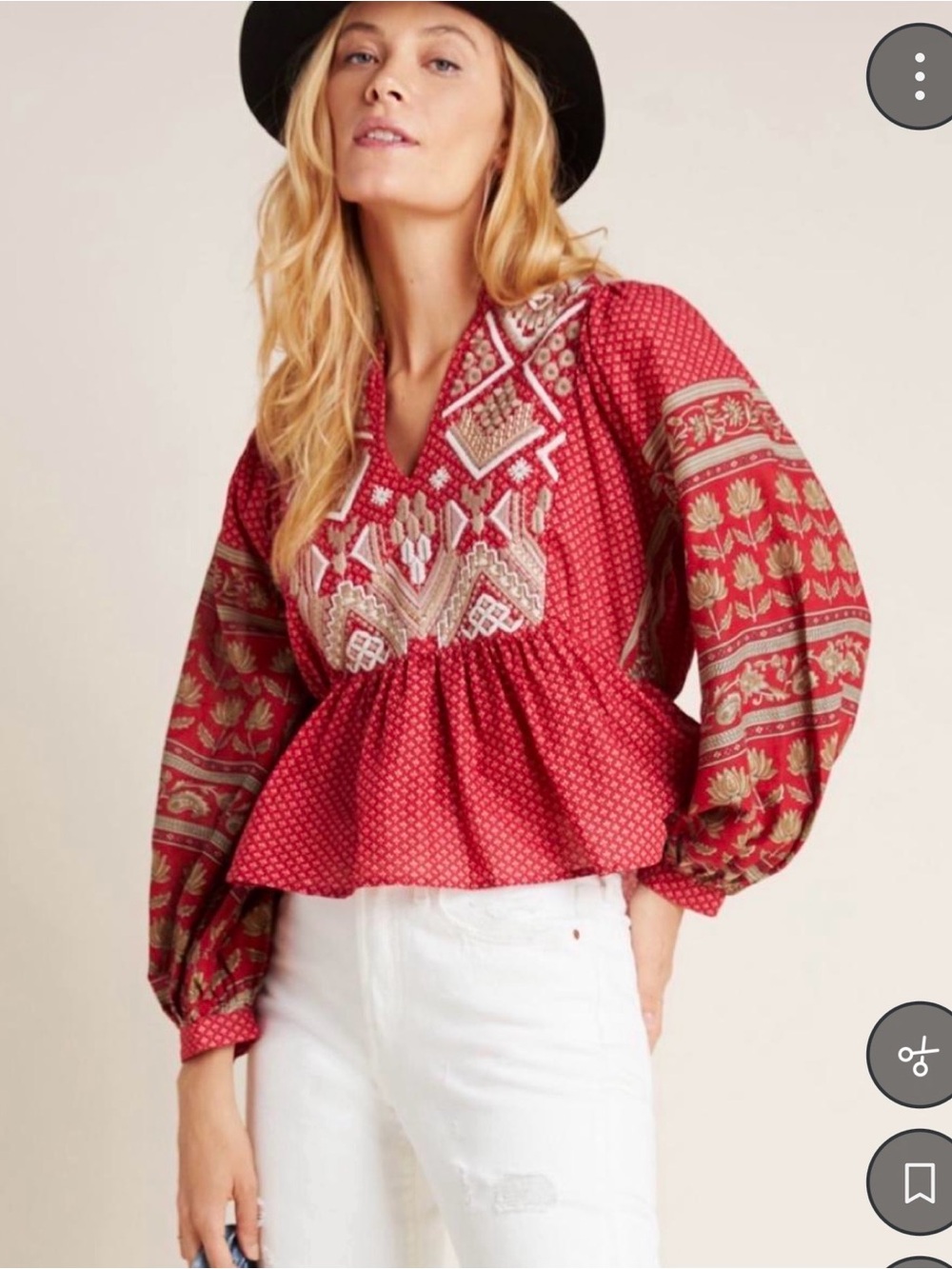 Anthropologie Keira block print puff sleeve peplum cotton blous
